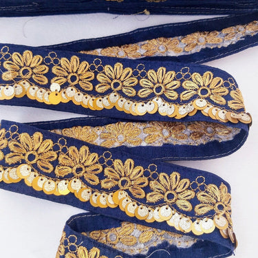 Indian Sari Trim, Blue Art Silk Fabric With Gold Thread Embroidered Flowers Trim, Gold Sequins